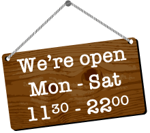 We're open from Monday to Saturday from 11:30 am to 10 pm and Sunday from 1 pm to 10 pm.